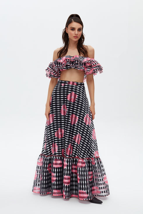 FLORAL PRINT FLOUNCE LONG SKIRT